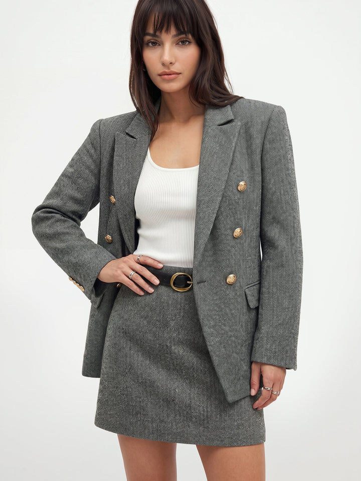 Herringbone Double‑Breasted Wool Blend Blazer