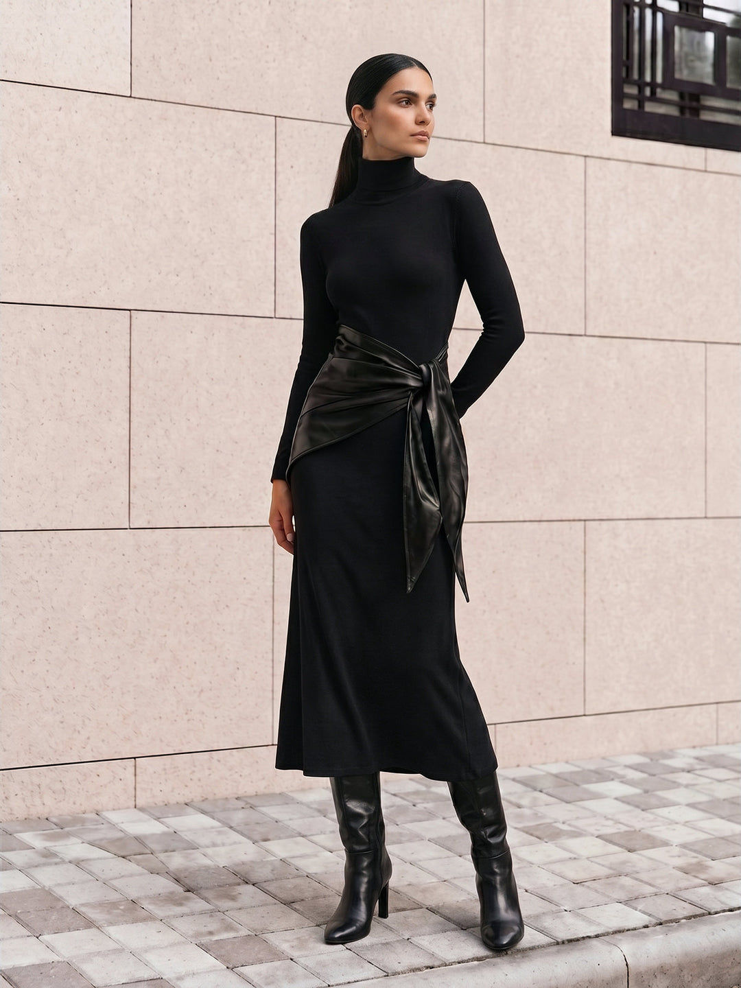 Faux Leather Sash Turtleneck Maxi Dress