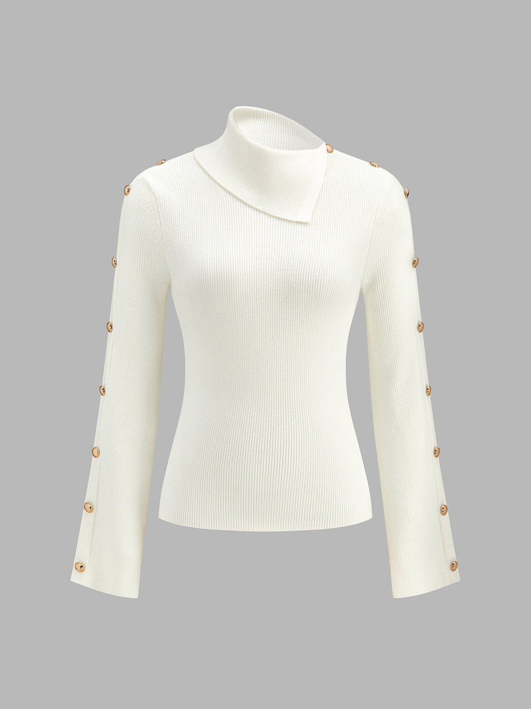 Asymmetrical Collar Button Sleeve Ribbed Knit Top