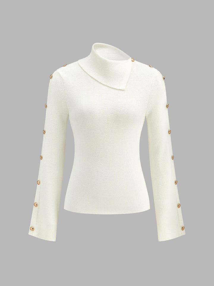 Asymmetrical Collar Button Sleeve Ribbed Knit Top