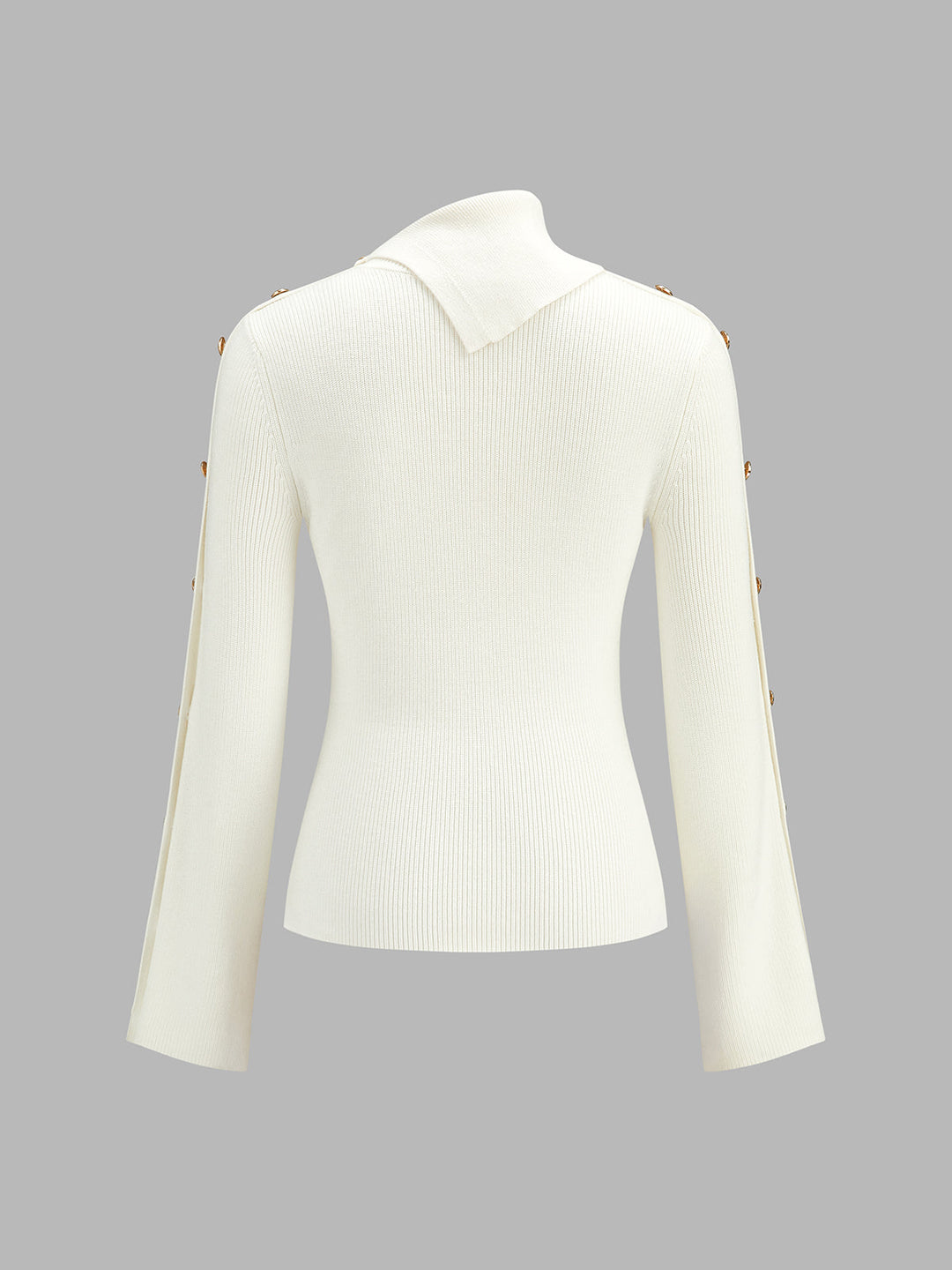 Asymmetrical Collar Button Sleeve Ribbed Knit Top