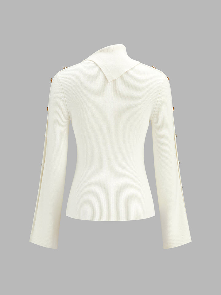 Asymmetrical Collar Button Sleeve Ribbed Knit Top