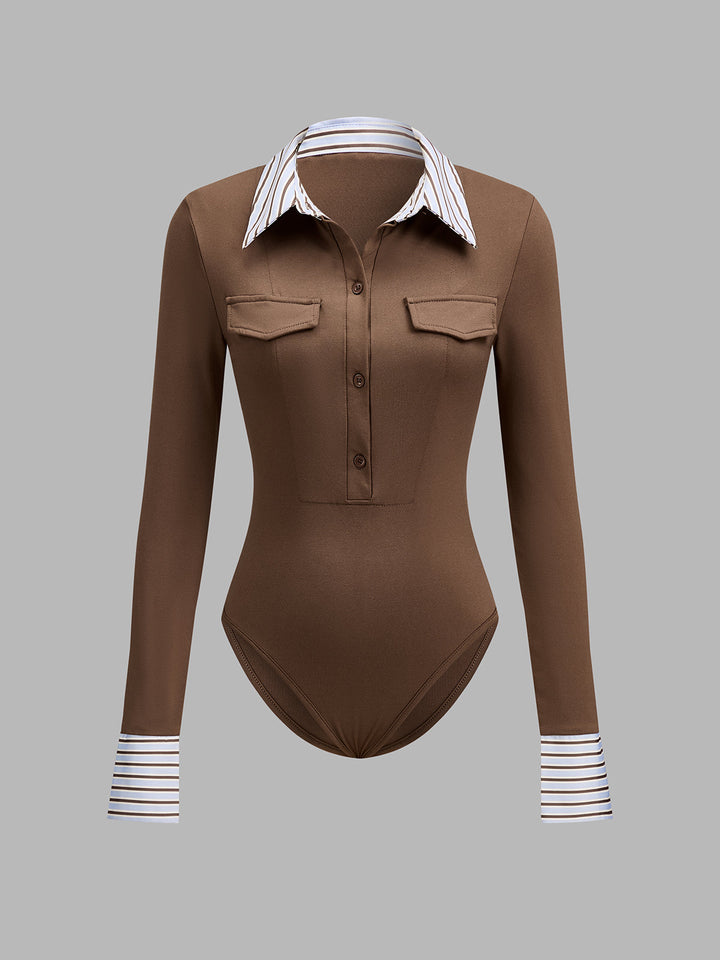 Stripe Collar Patchwork Long Sleeve Bodysuit