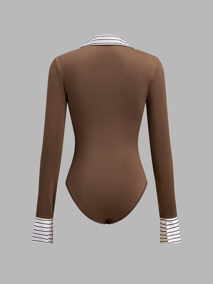 Stripe Collar Patchwork Long Sleeve Bodysuit