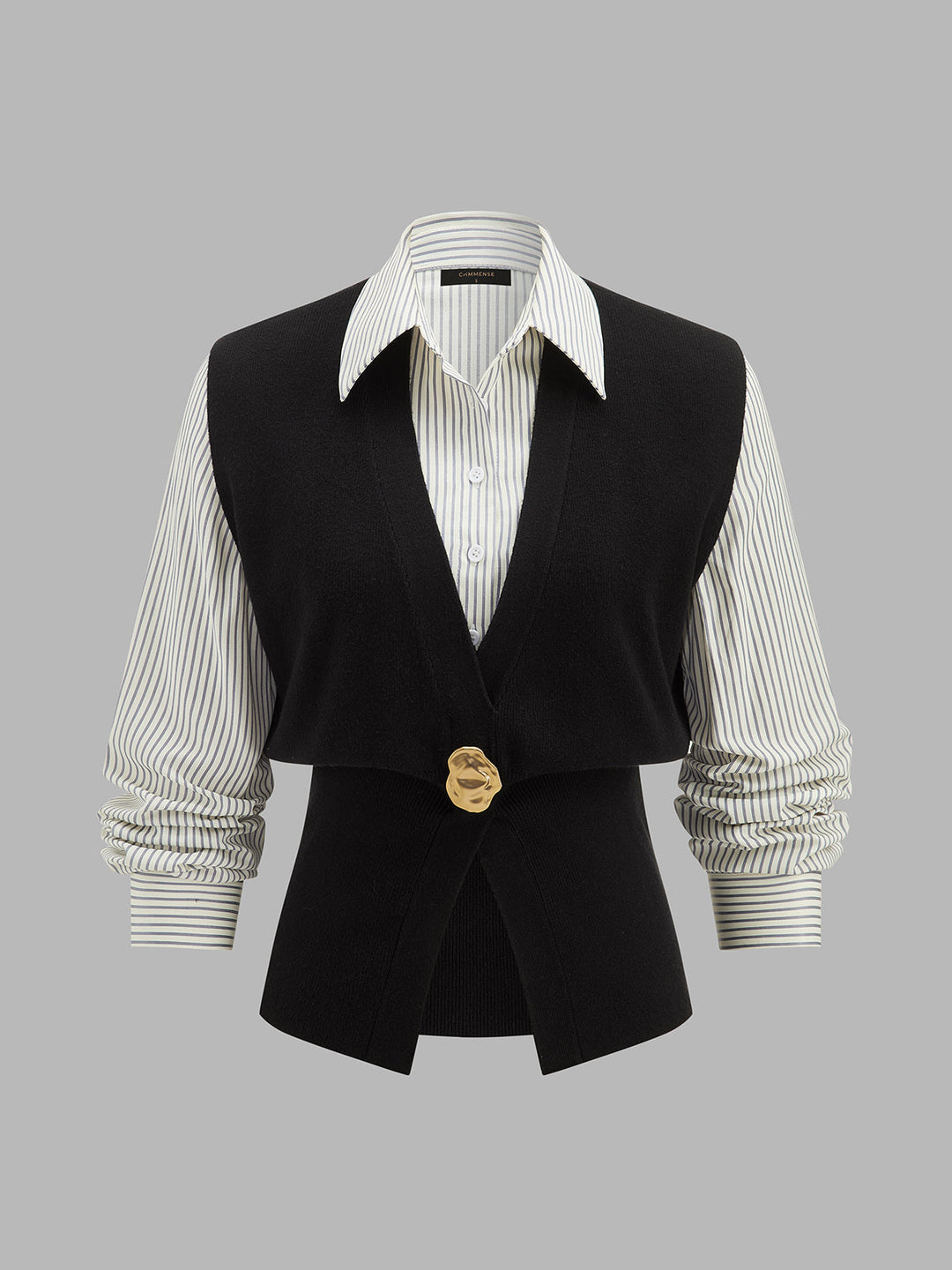 Faux Two‑Piece Striped Collar Knit Top
