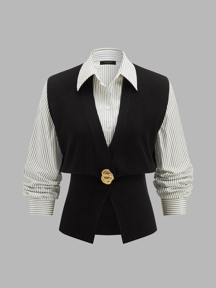 Faux Two‑Piece Striped Collar Knit Top