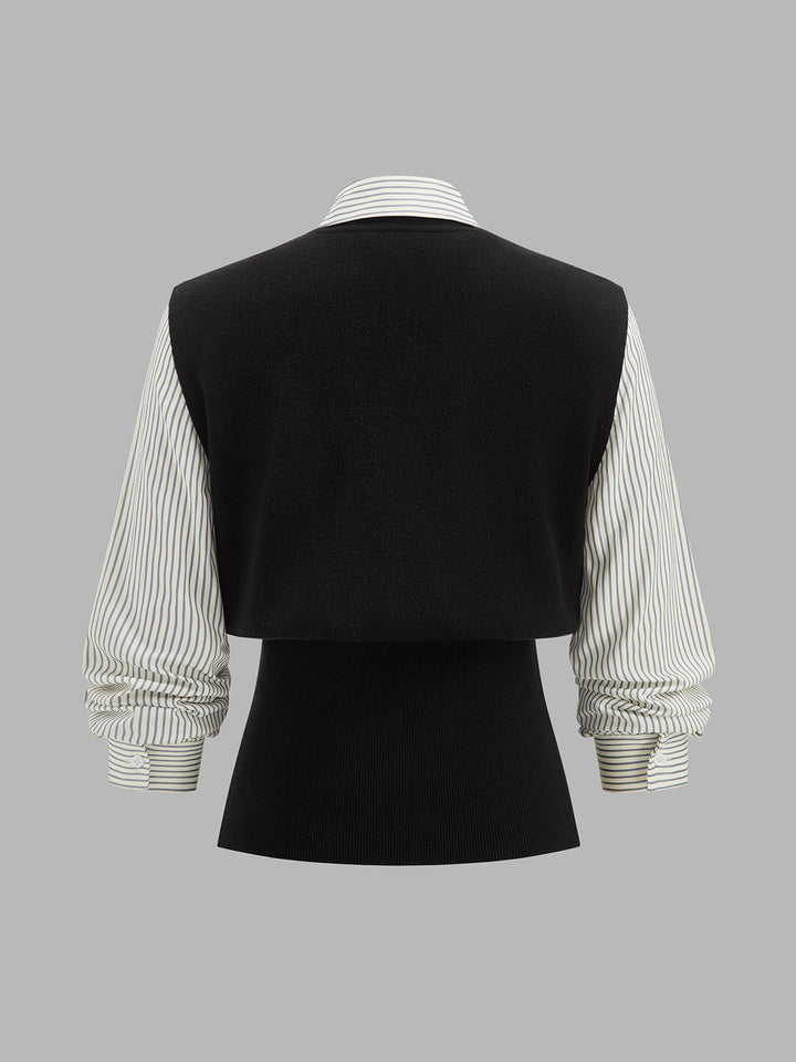 Faux Two‑Piece Striped Collar Knit Top