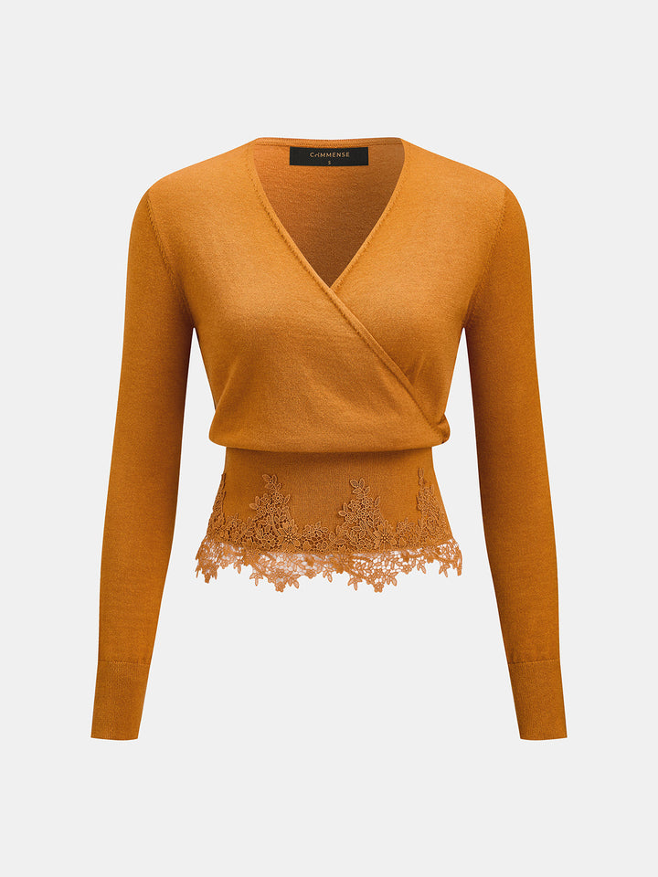V‑Neck Lace Hem Long Sleeve Knit Top