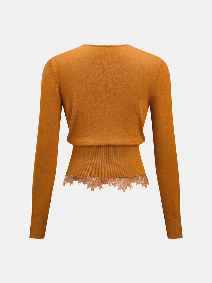 V‑Neck Lace Hem Long Sleeve Knit Top