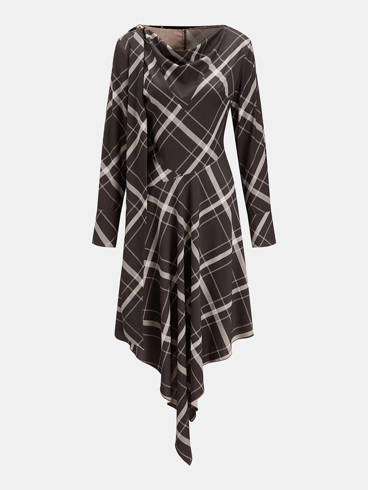 Plaid Cowl Neck Asymmetrical Hem Maxi Dress