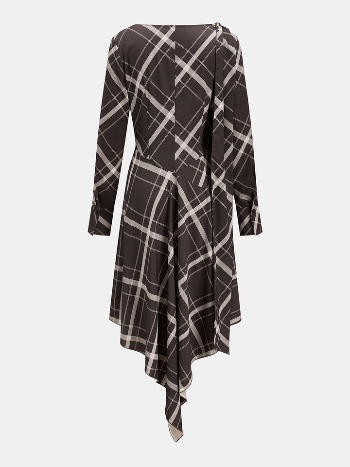 Plaid Cowl Neck Asymmetrical Hem Maxi Dress