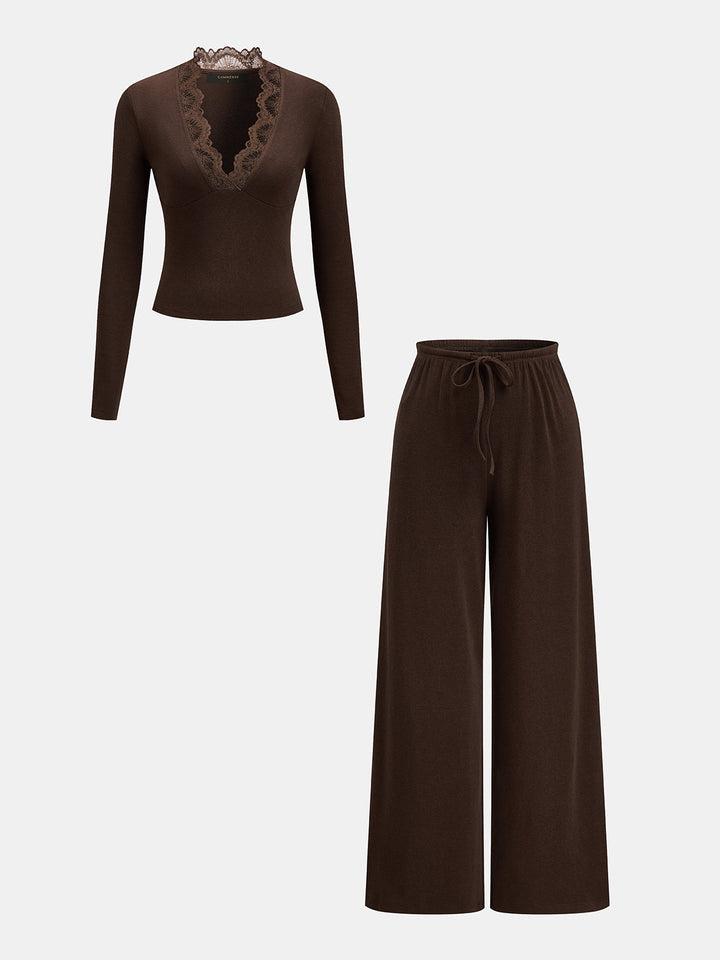 Lace Trim V‑Neck Top & Drawstring Pants Set