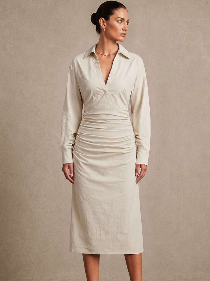 Collared Ruched Waist Midi Shirt Dress