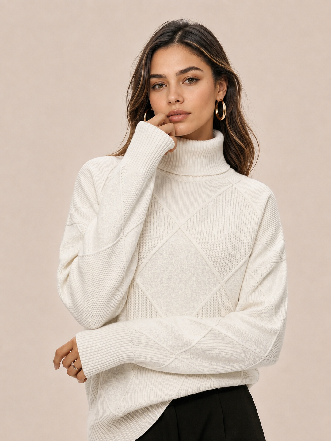 Oversized Turtleneck Diamond Knit Sweater