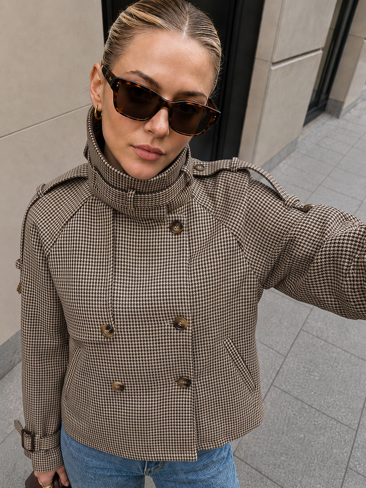 Houndstooth Double‑Breasted Trench Jacket