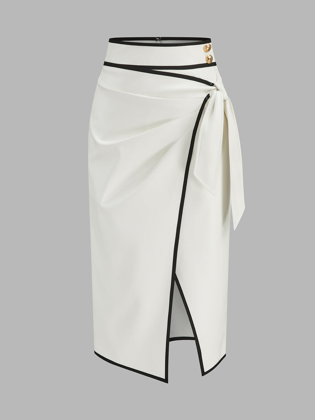 Contrast Piping Faux Leather Wrap Midi Skirt