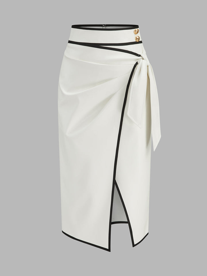Contrast Piping Faux Leather Wrap Midi Skirt