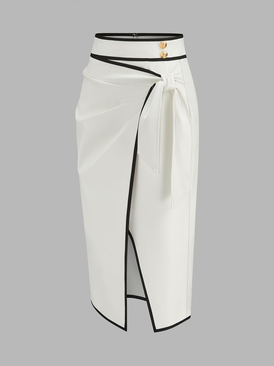 Contrast Piping Faux Leather Wrap Midi Skirt