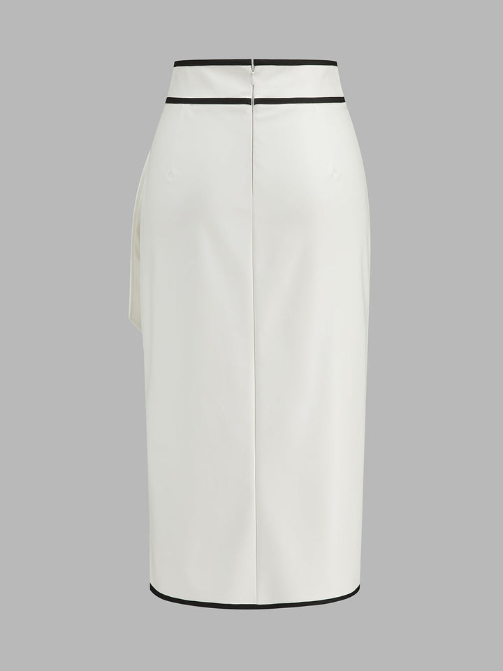 Contrast Piping Faux Leather Wrap Midi Skirt