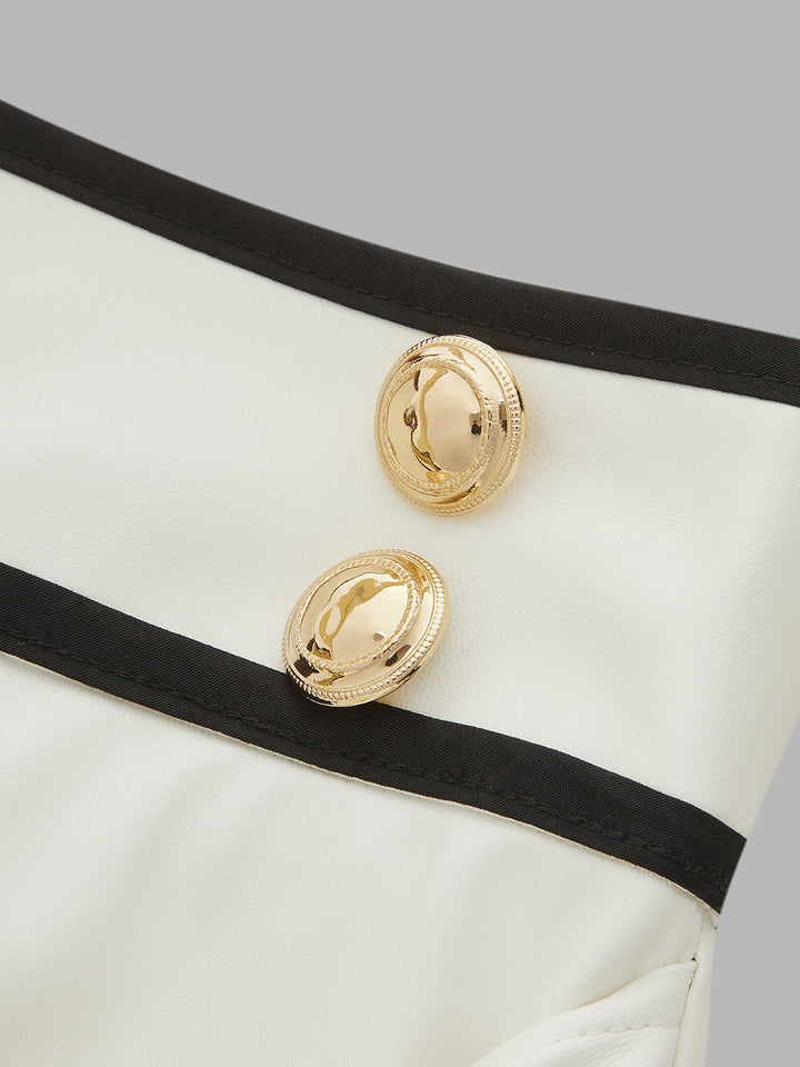 Contrast Piping Faux Leather Wrap Midi Skirt