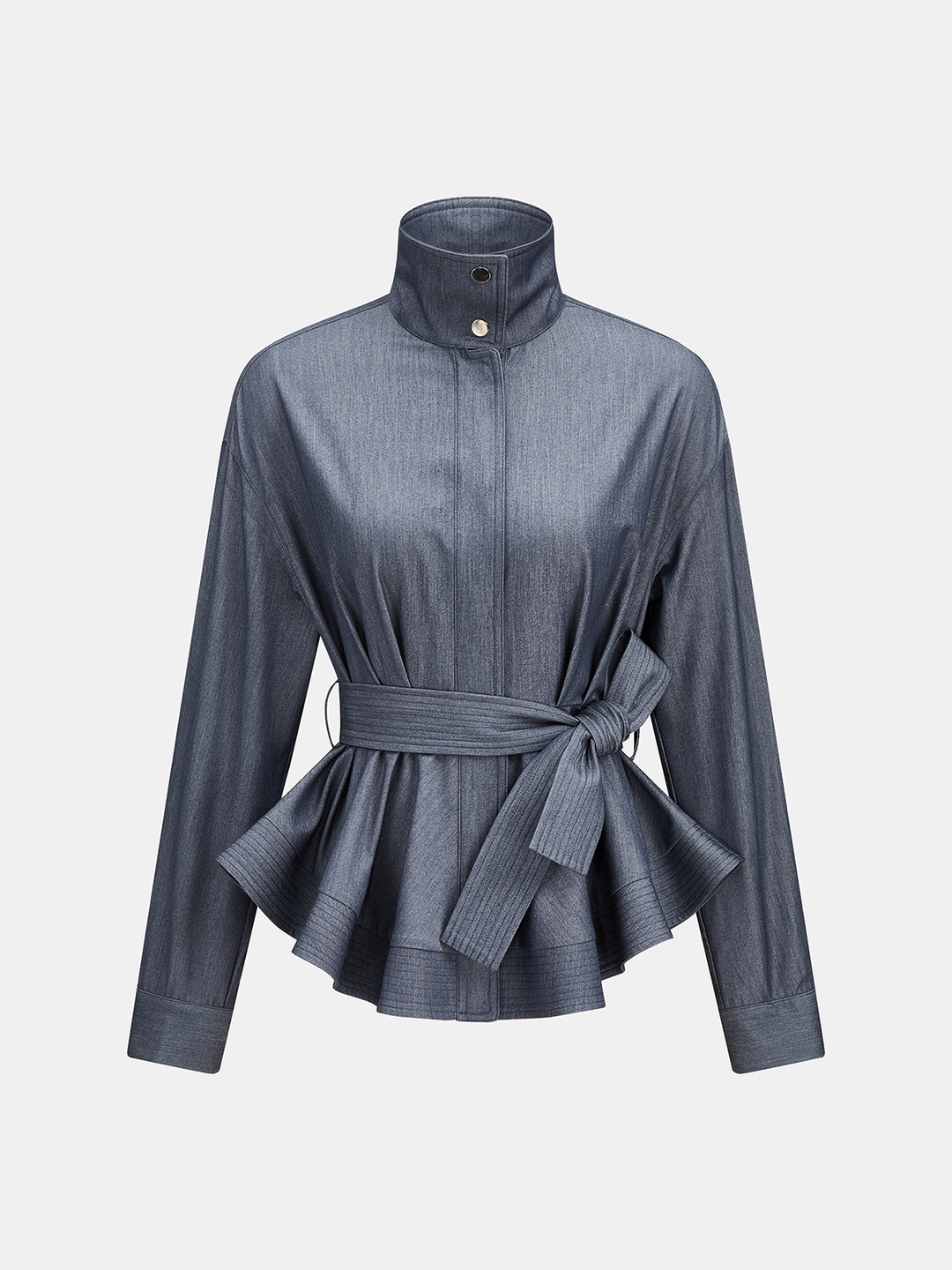 Stand Collar Belted Peplum Denim-Look Shirt