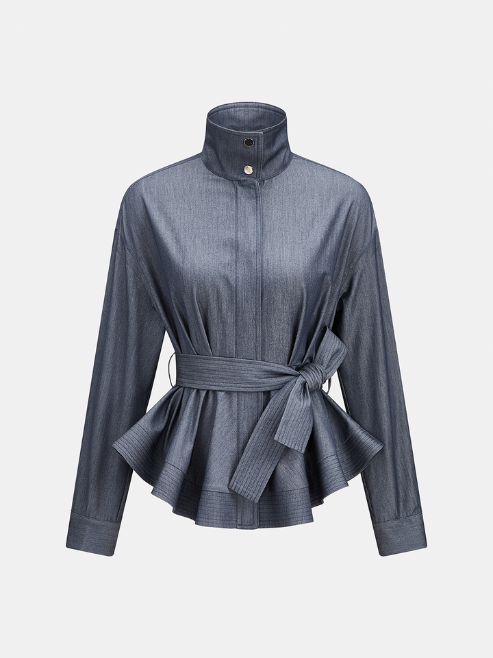 Stand Collar Belted Peplum Denim-Look Shirt