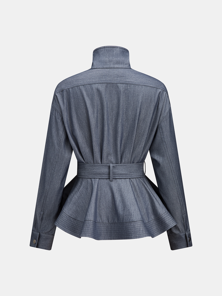 Stand Collar Belted Peplum Denim-Look Shirt