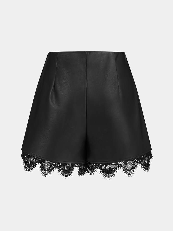 Eyelash Lace Hem Faux Leather Shorts