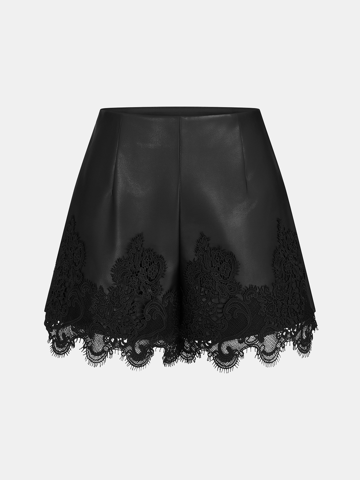 Eyelash Lace Hem Faux Leather Shorts
