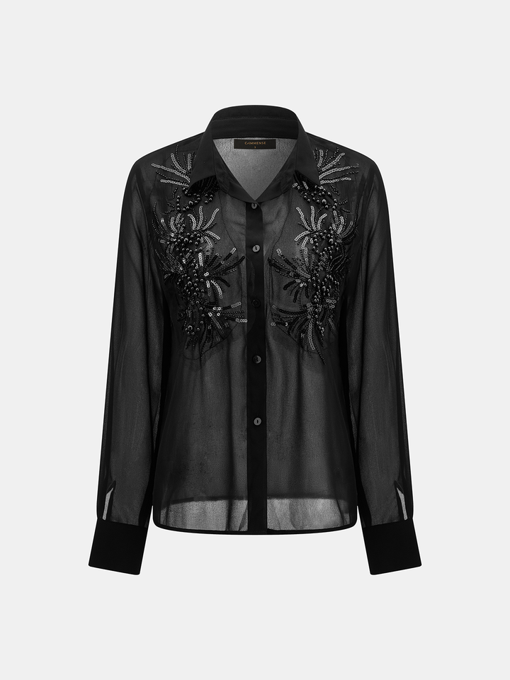Sheer Beaded Embroidered Long Sleeve Shirt