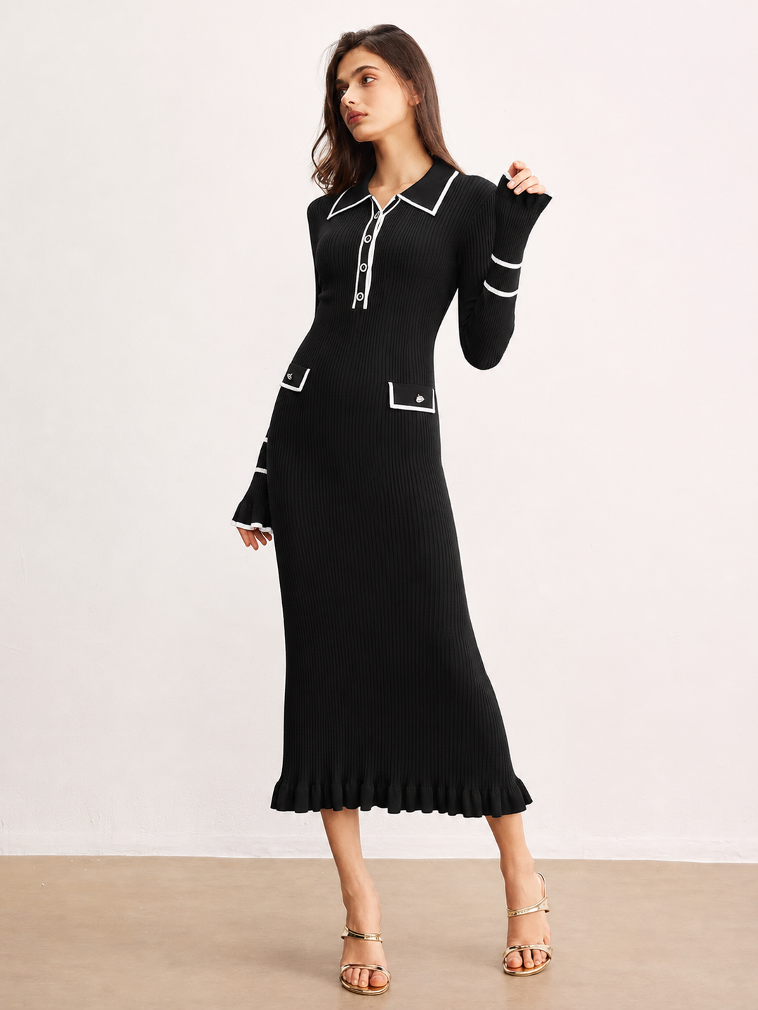 Contrast Trim Ribbed Knit Polo Maxi Dress