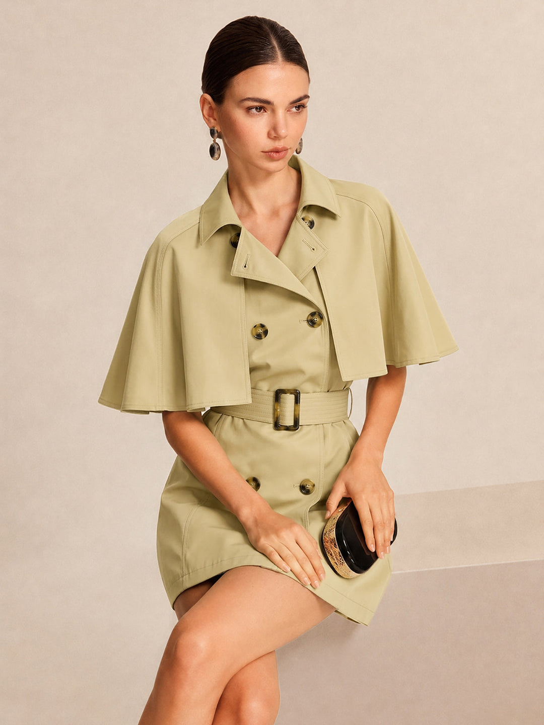 Detachable Cape Belted Trench Dress