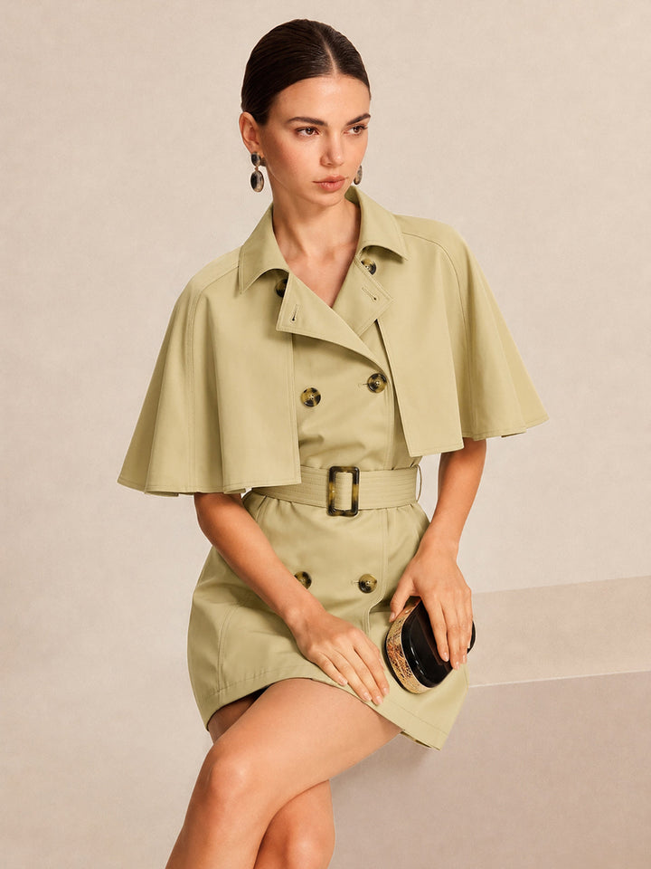 Detachable Cape Belted Trench Dress