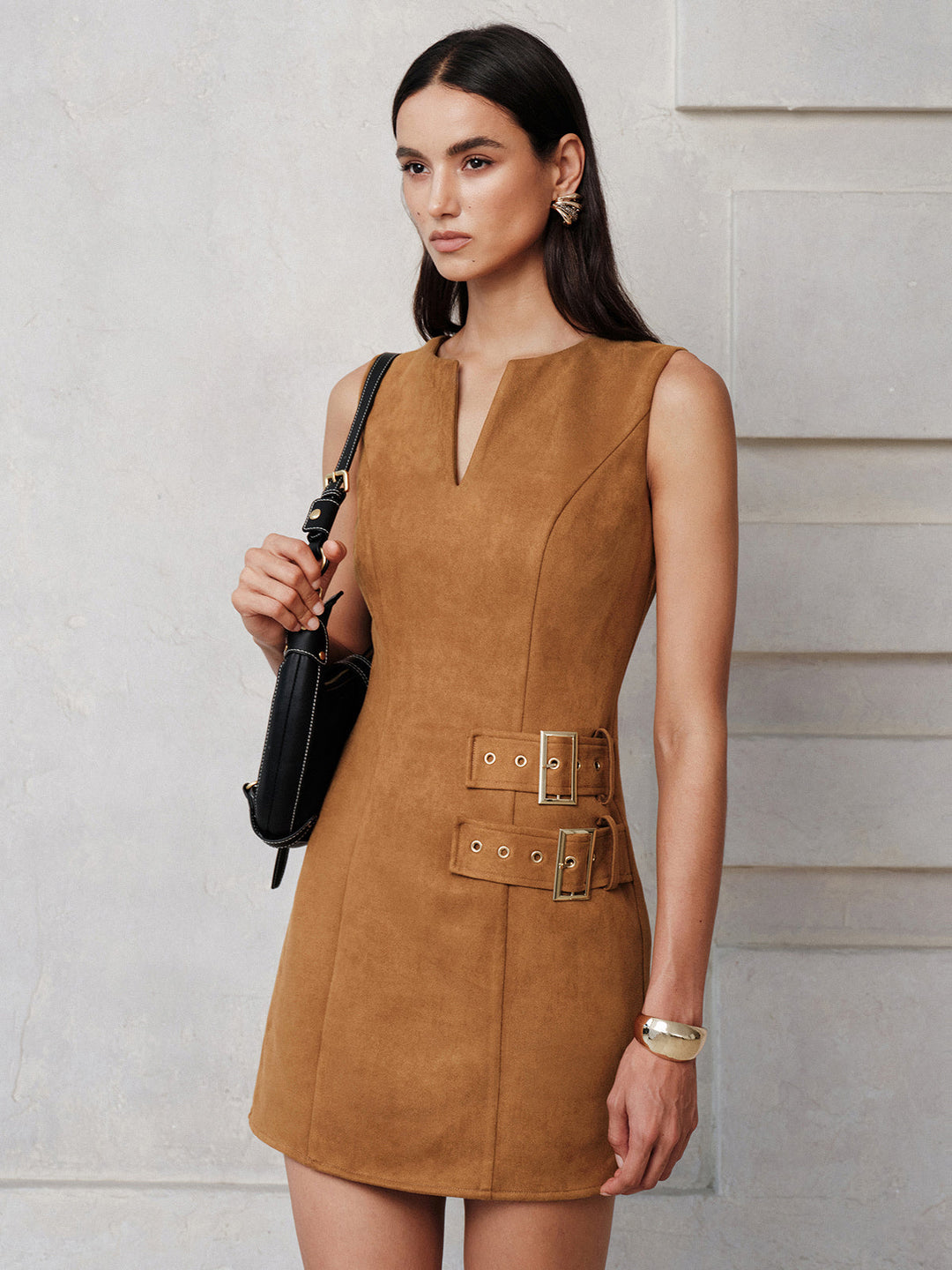 Suede Effect Sleeveless Buckle Mini Dress