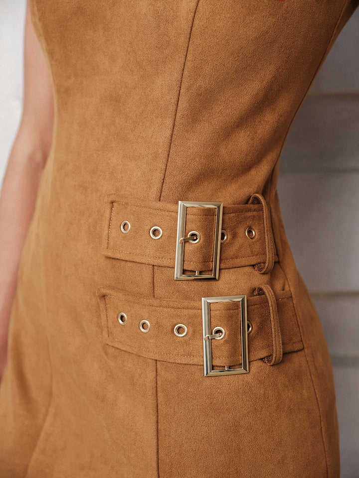 Suede Effect Sleeveless Buckle Mini Dress