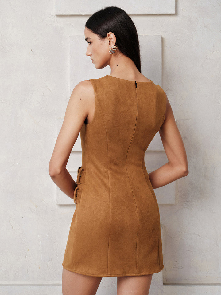 Suede Effect Sleeveless Buckle Mini Dress