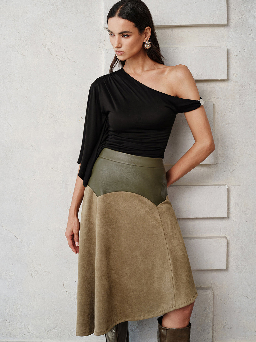Faux Leather Patchwork Suede Effect Asymmetrical Skirt