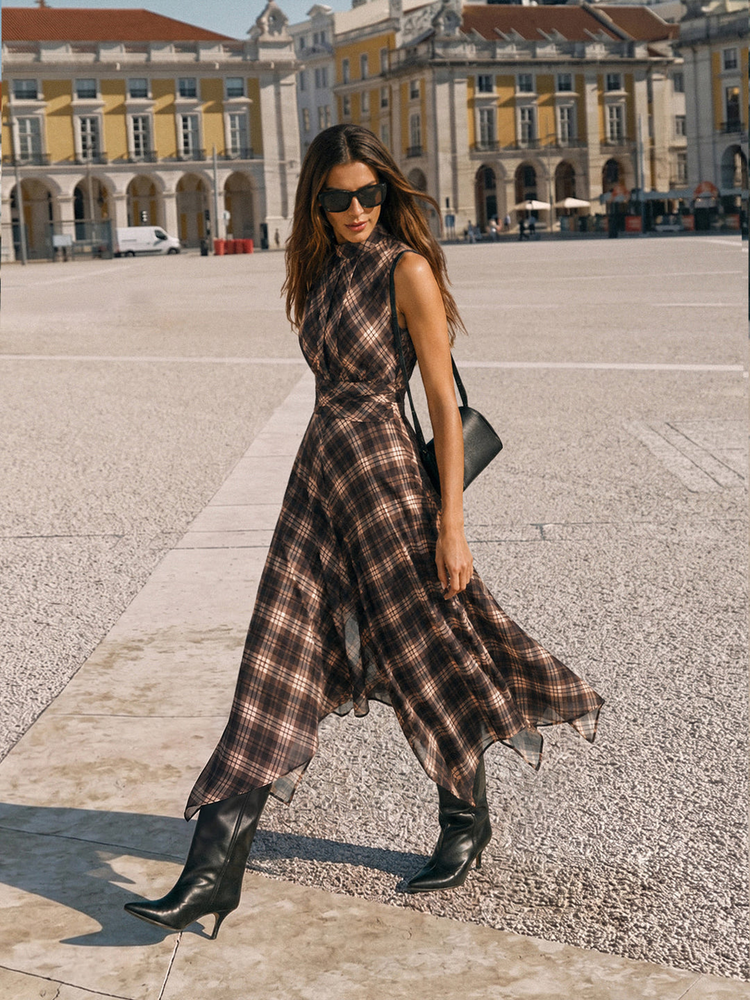 Plaid Sleeveless Chiffon Asymmetric Dress
