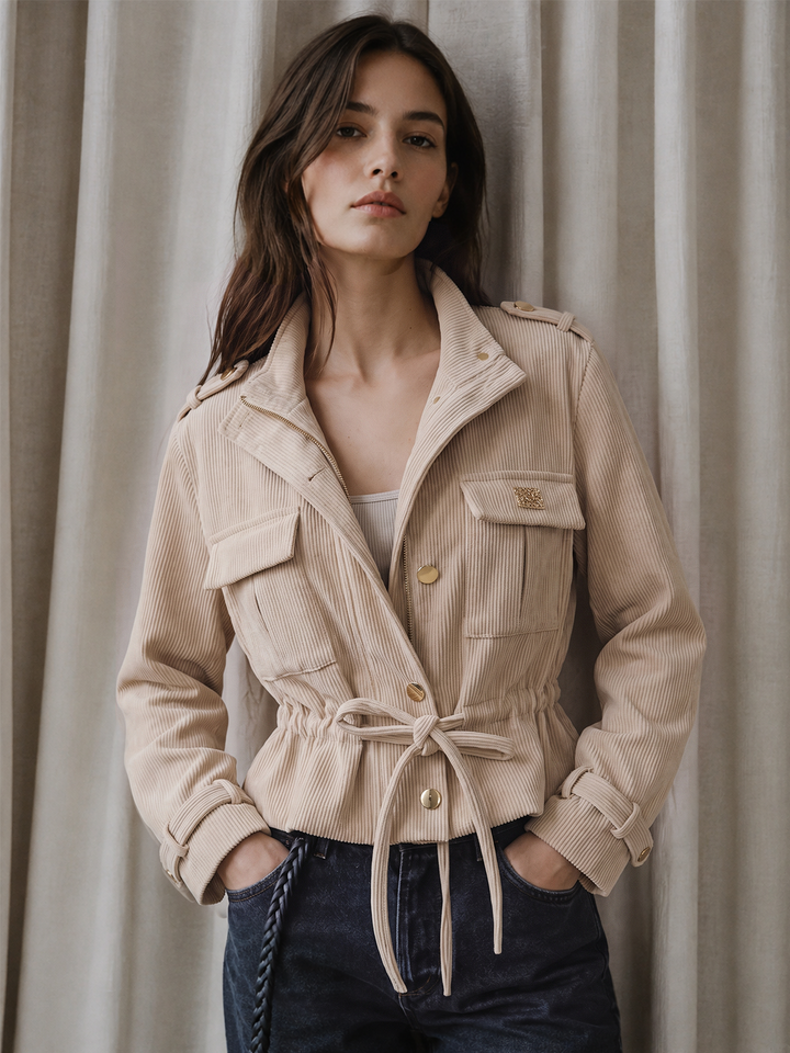Corduroy Drawstring Waist Cropped Jacket