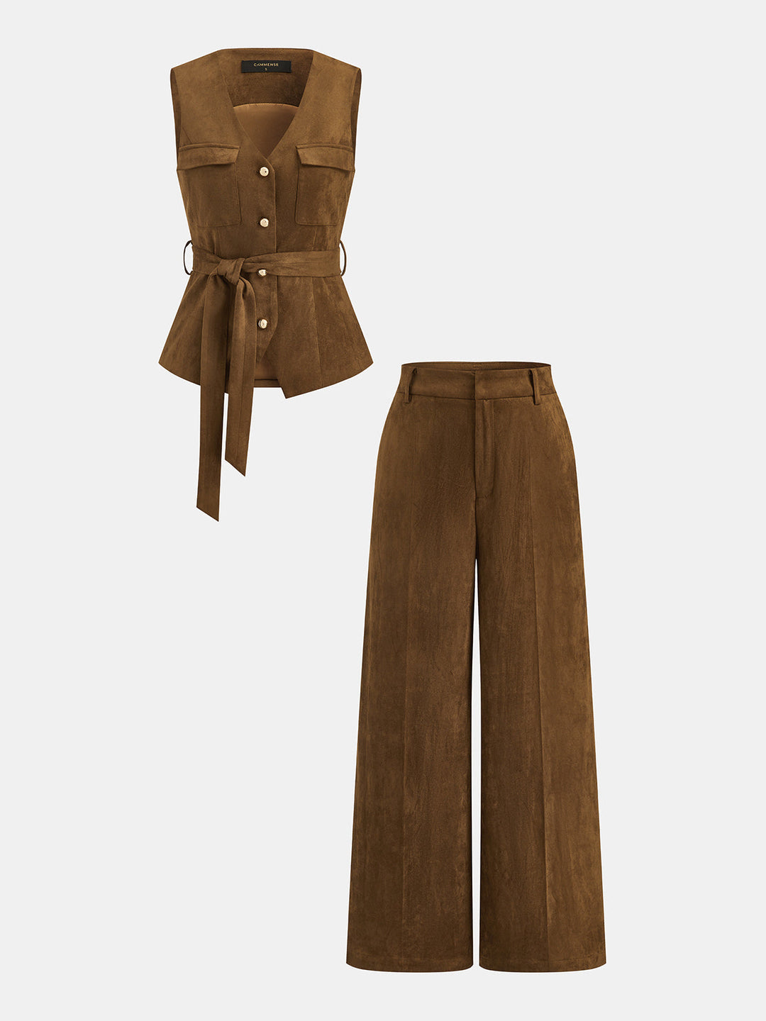 Suede Effect Belted Vest Wide‑Leg Pants Set