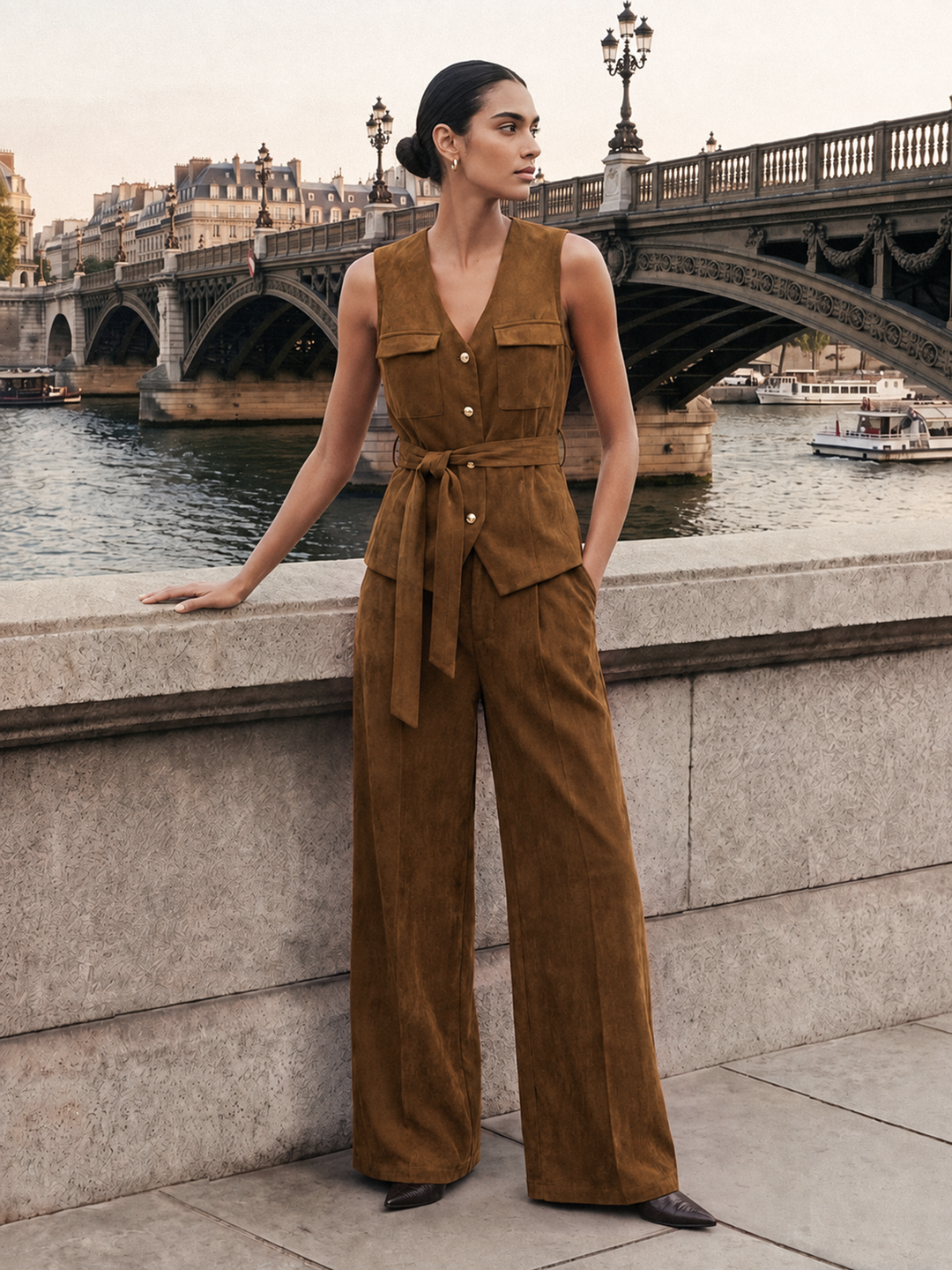 Suede Effect Belted Vest Wide‑Leg Pants Set