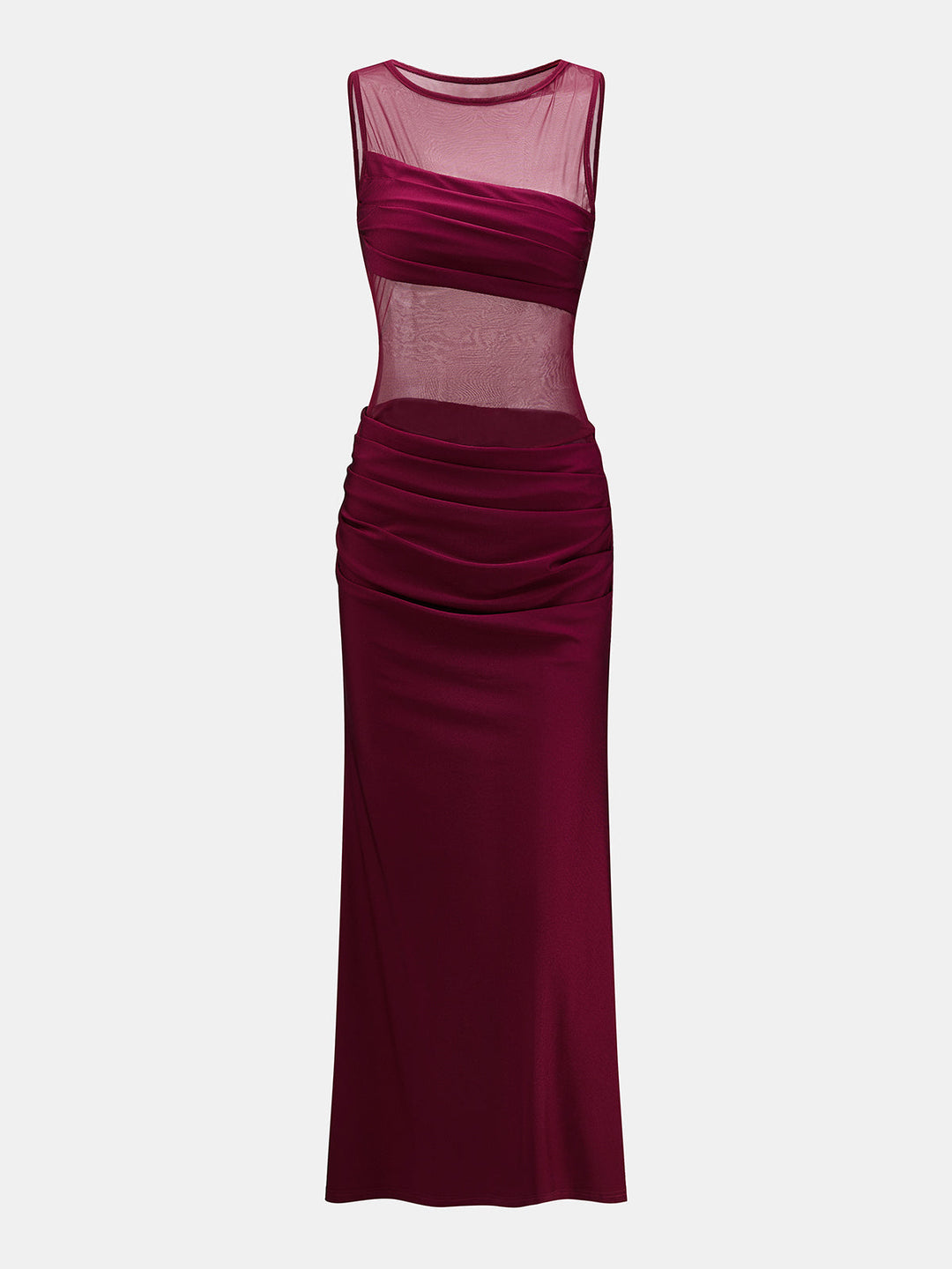 Mesh Panel Ruched Sleeveless Maxi Dress