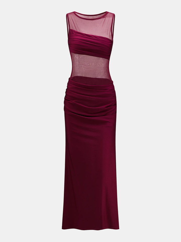Mesh Panel Ruched Sleeveless Maxi Dress