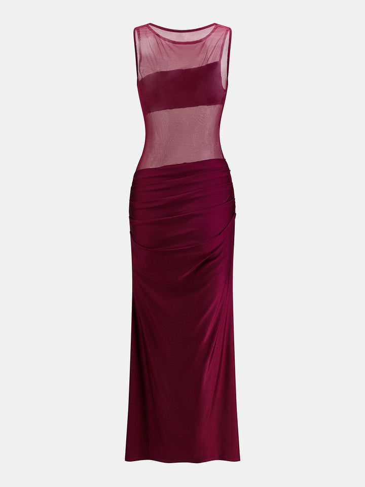 Mesh Panel Ruched Sleeveless Maxi Dress
