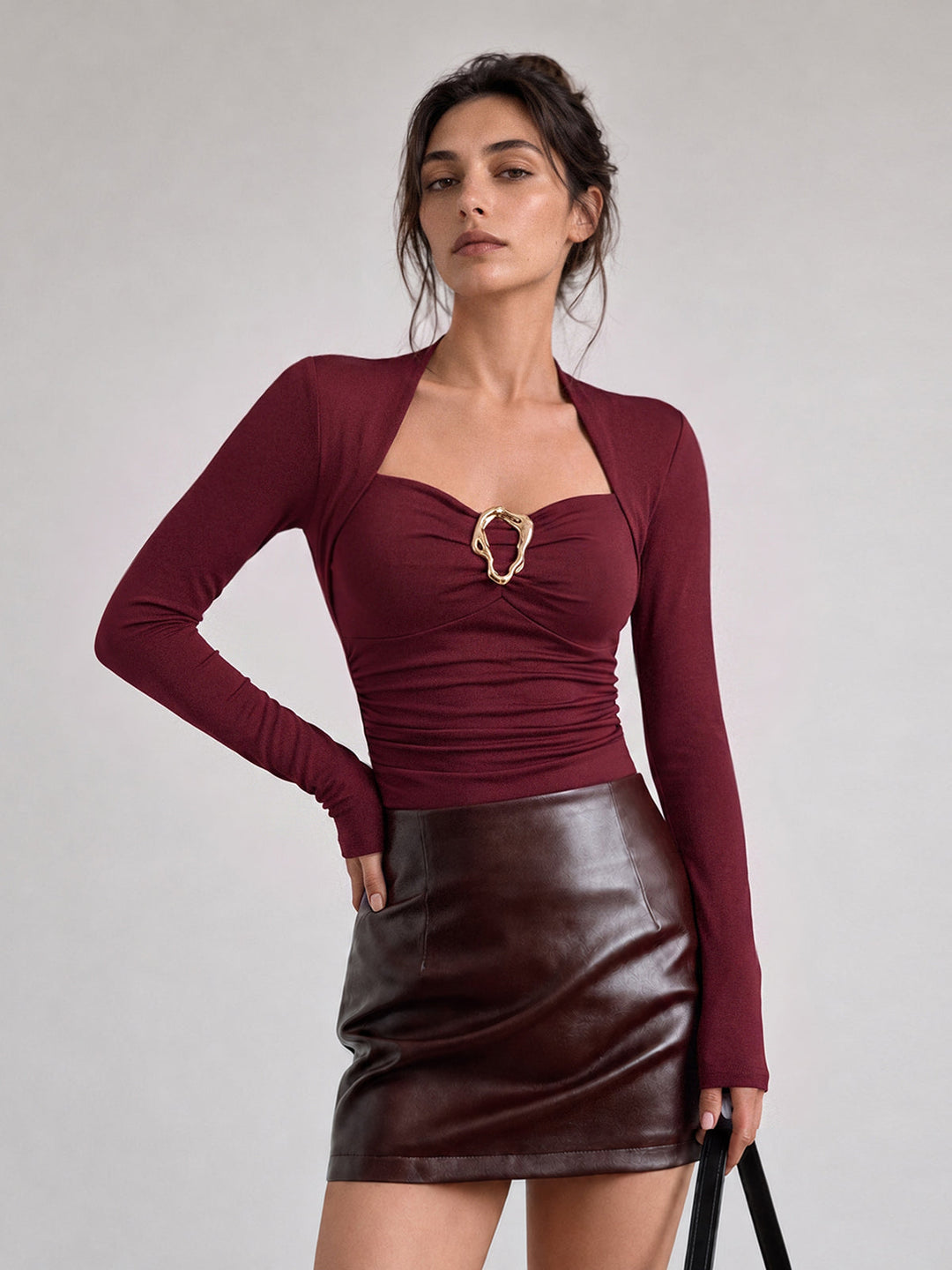 Metal Buckle Square Neck Fitted Top