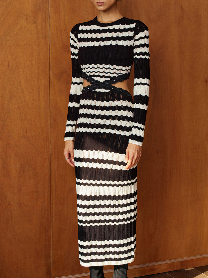 Wave‑Stripe Cutout Waist Knit Midi Dress