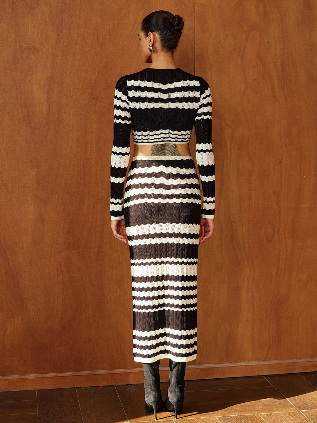 Wave‑Stripe Cutout Waist Knit Midi Dress