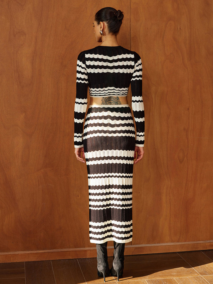 Wave‑Stripe Cutout Waist Knit Midi Dress