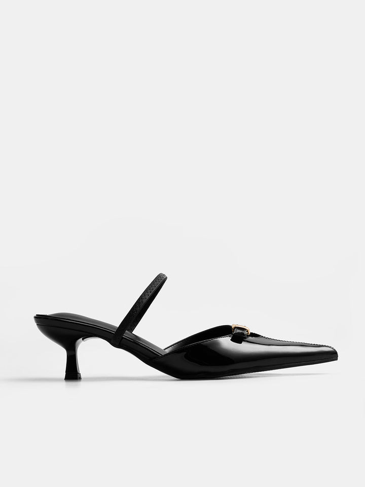 Pointed Toe Buckle Heeled Mules