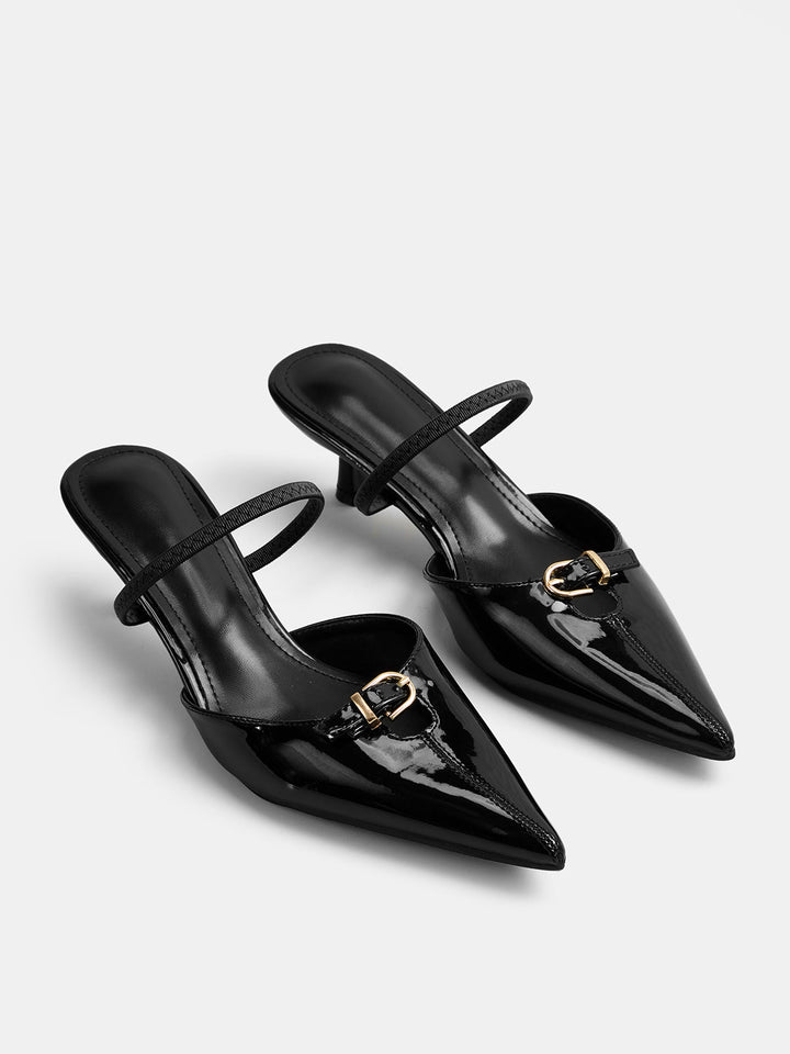 Pointed Toe Buckle Heeled Mules